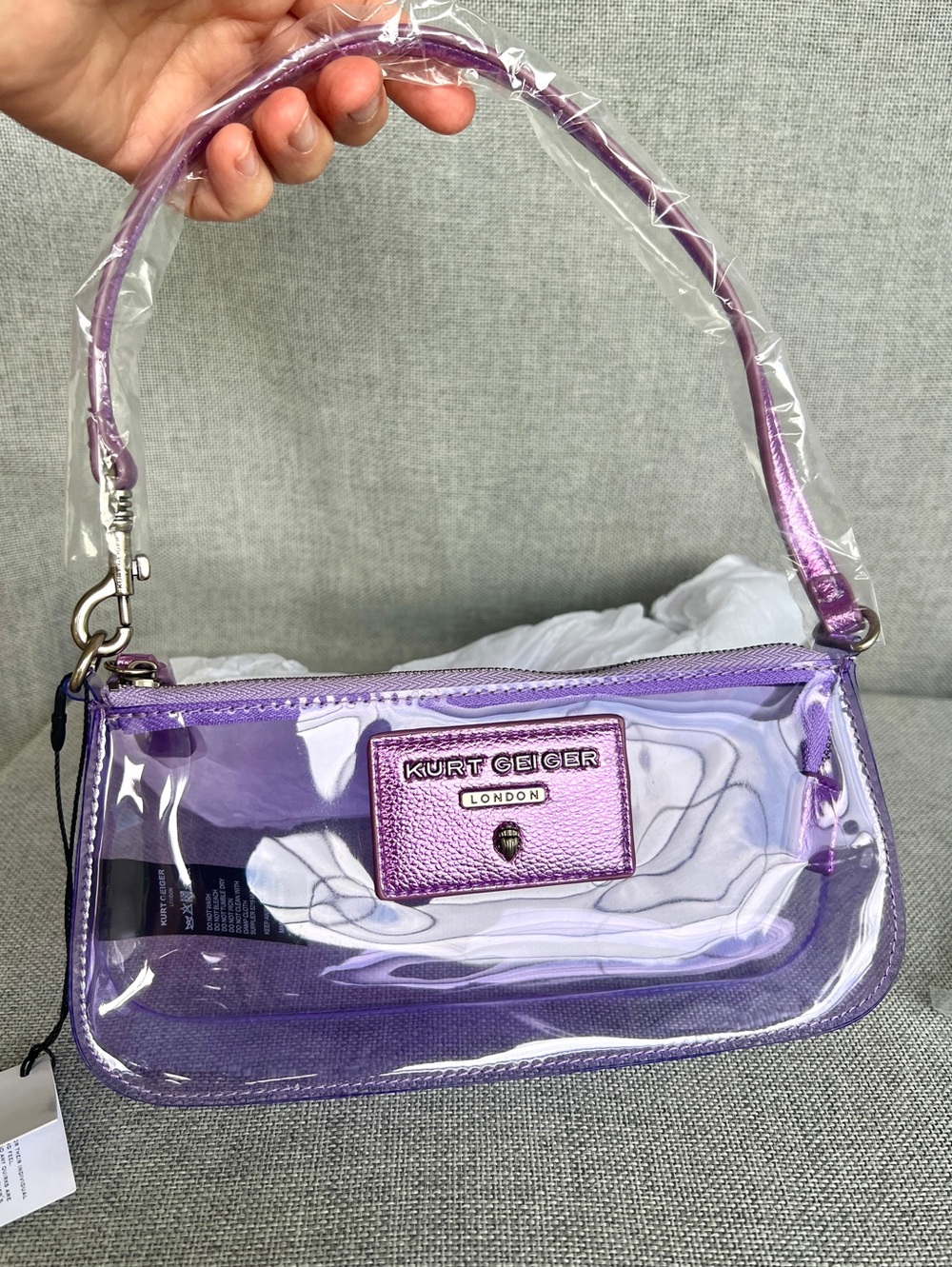 Kurt Geiger Highgate Convertible vinyl clear Wristlet Shoulder bag lavender - Picture 6 of 16